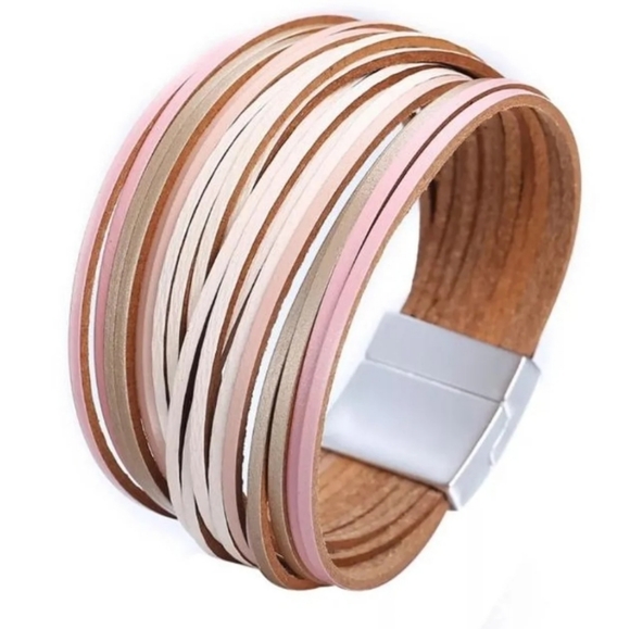 Vegan Leather Pink Multilayered Bracelet/Cuff - Picture 2 of 3